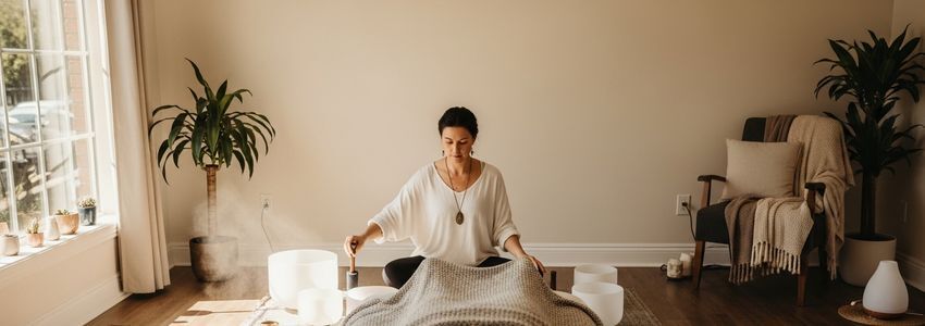 Sound healing practitioner using crystal singing bowls in a professional wellness studio