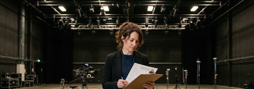 Production studio owner reviewing financing paperwork on a sound stage with lighting grid and grip equipment in the background