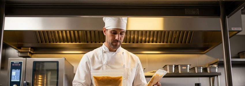 Professional chef reviewing sous vide equipment and vacuum sealed pouches in a commercial kitchen