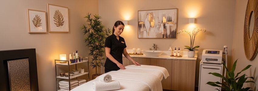 Professional spa treatment room with licensed therapist performing massage - spa business financing guide