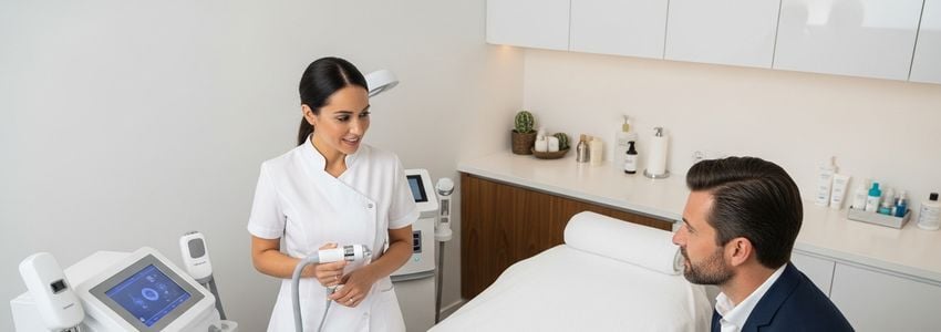 Spa owner reviewing equipment financing options at a modern wellness spa