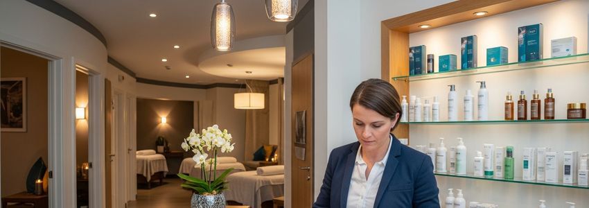 Spa business owner reviewing equipment financing options at spa front desk