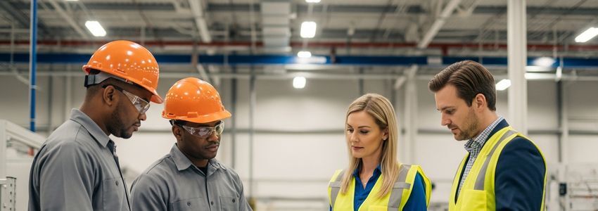 Manufacturing workers reviewing production plans at a modern industrial facility in South Carolina