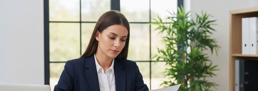 Business professional reviewing speakers bureau loan documents at a modern office desk