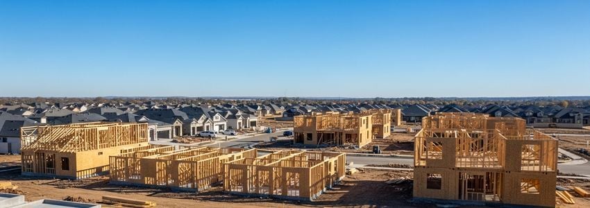 New spec home construction development with multiple homes being framed simultaneously