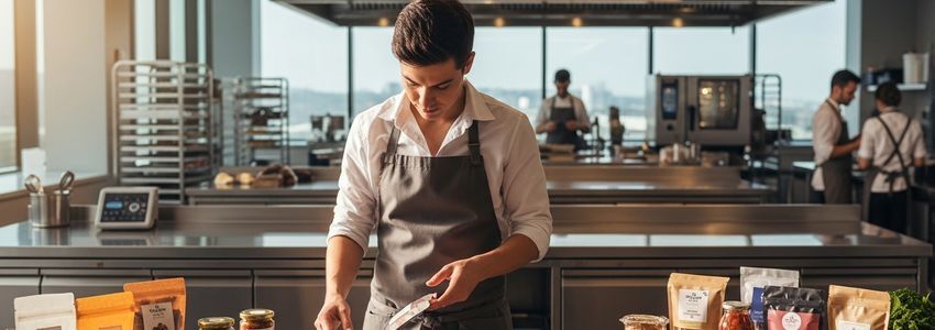 Specialty food business owner reviewing artisan food products in a professional kitchen facility