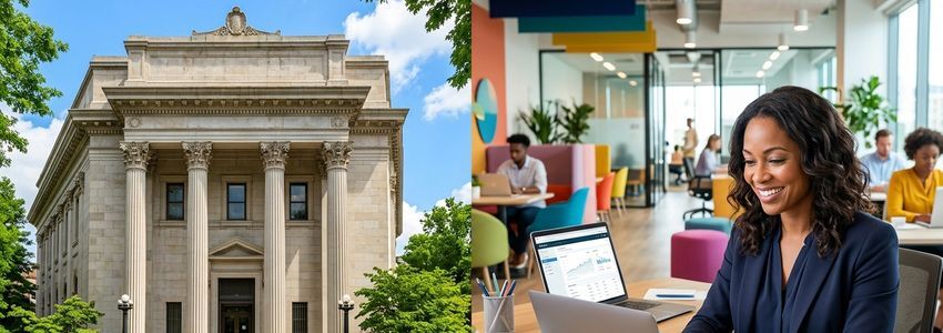 Side-by-side comparison of a traditional bank building and a modern online lending interface representing different business loan funding speed options