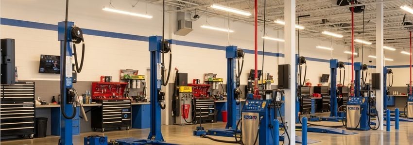 SpeeDee Oil Change franchise financing - business professionals reviewing documents in automotive service office