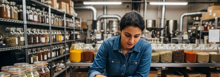 Spice company business owner reviewing spice inventory in a commercial production facility