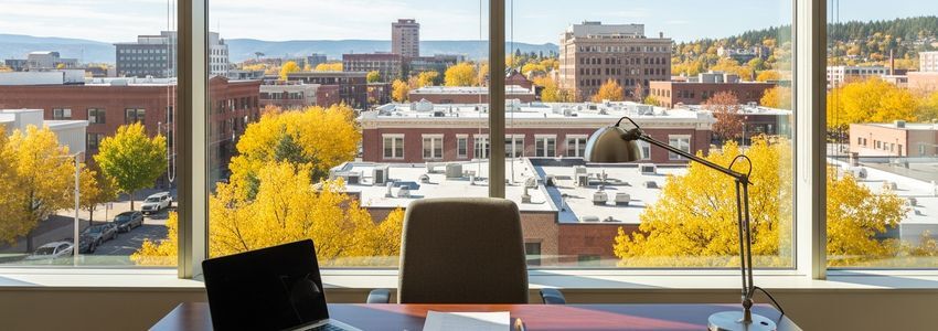 Small business owner in Spokane Washington office reviewing loan documents with cityscape view