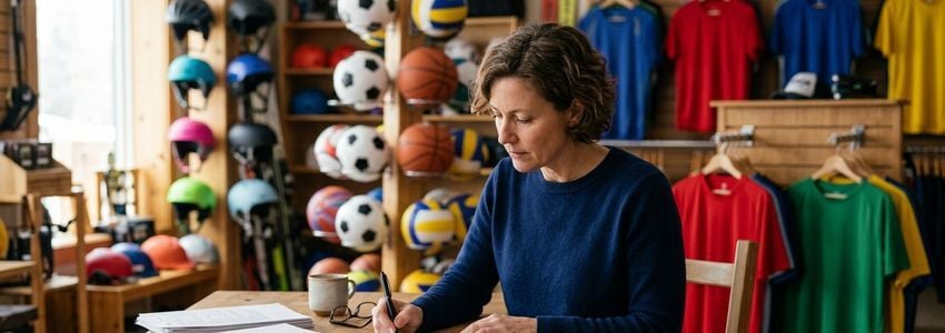 Sporting goods store owner reviewing business loan documents at a retail store counter