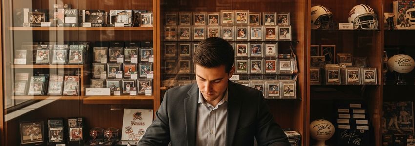 Sports card shop owner reviewing financing options for their collectibles business