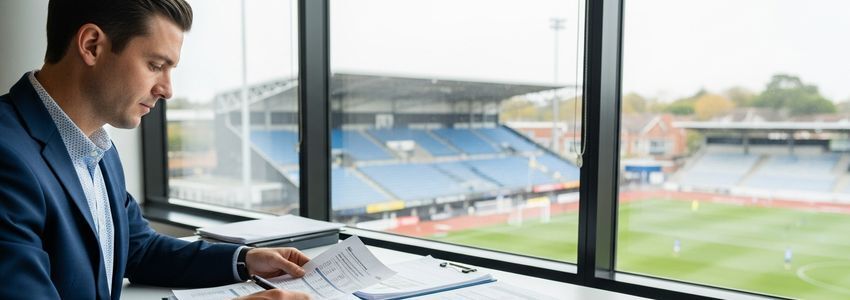 Sports complex owner reviewing financing options at a facility management desk