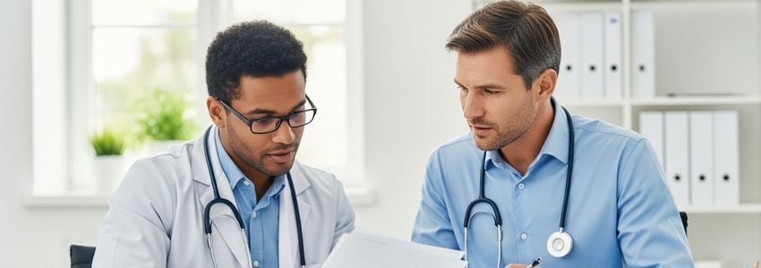 Sports medicine physician reviewing financing documents at a modern clinic desk