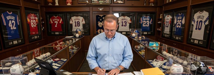 Sports memorabilia store owner reviewing business financing options