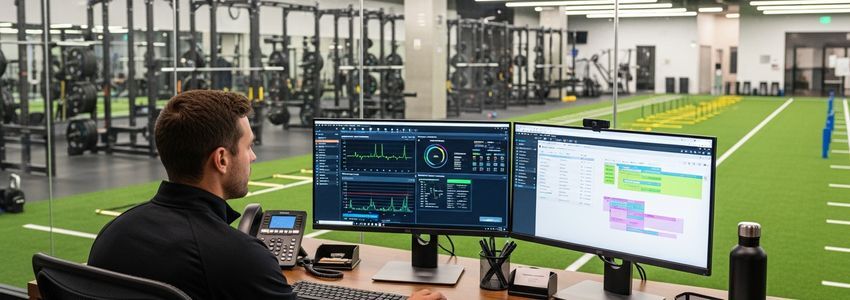 Sports performance business owner reviewing financing options and athlete data at a modern training facility