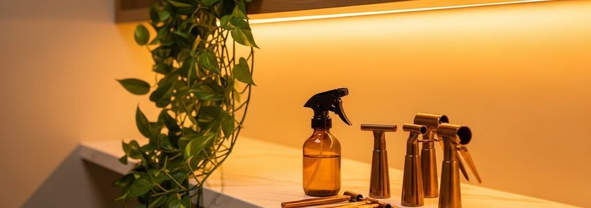 Spray tan salon consultation area with professional tanning products and warm amber lighting