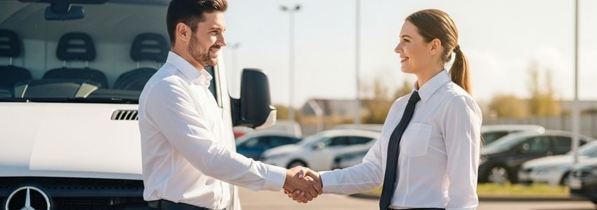 Business owner completing sprinter van financing paperwork at a commercial vehicle dealership