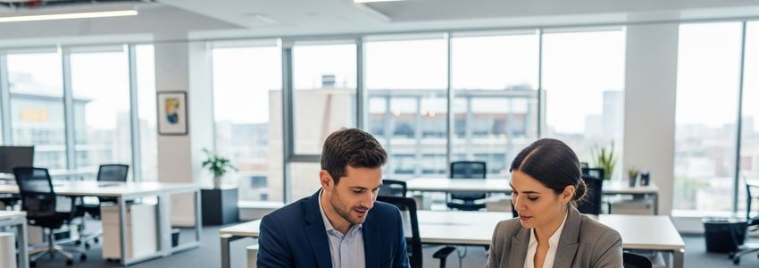 Business professionals reviewing financing options at a modern office desk, discussing Square loan alternatives with Crestmont Capital