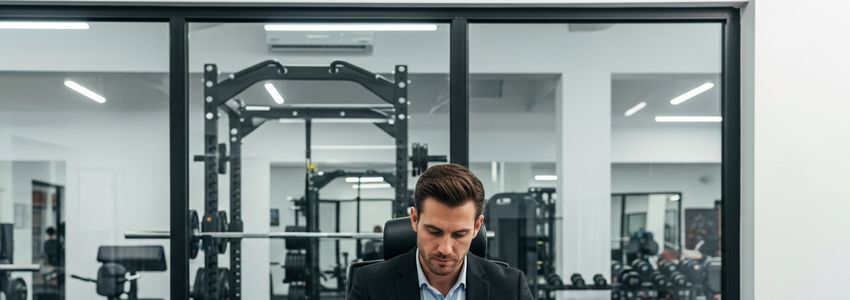 Gym owner reviewing commercial squat rack financing options with equipment visible in the background