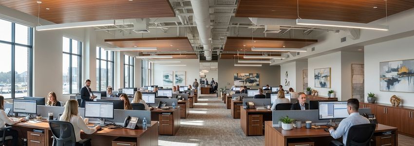 Staffing agency recruiter reviewing candidate files and managing workforce placements in a modern professional office