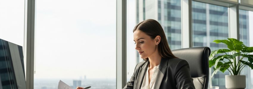 Staffing agency professional reviewing invoice factoring documents at an office desk