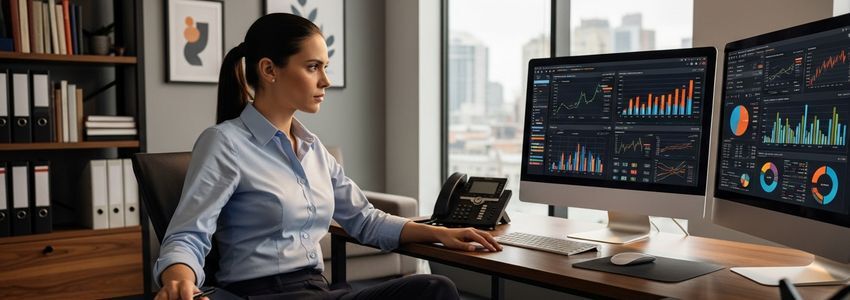 Staffing agency owner reviewing invoice financing options at a computer workstation