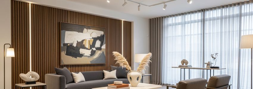 Professional furniture showroom display for home staging with curated contemporary furniture arrangement