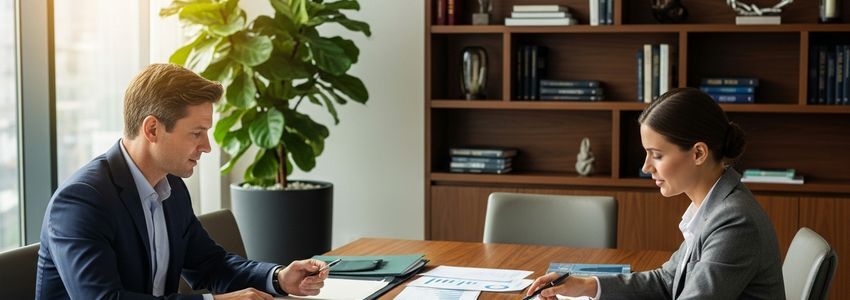 Two business professionals reviewing startup line of credit documents in a modern office
