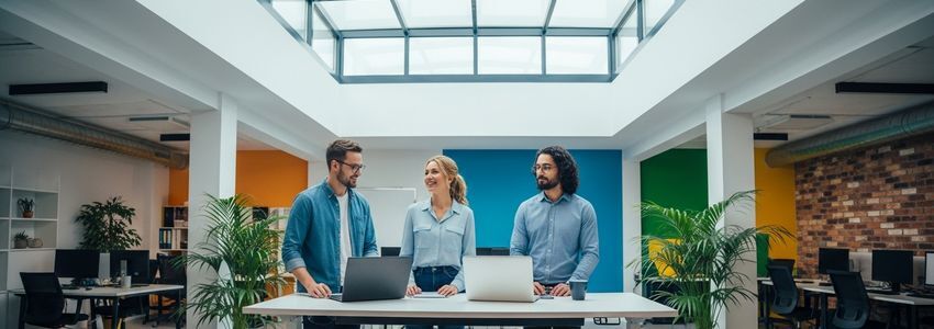 Startup business team collaborating on cost reduction strategies in a modern office