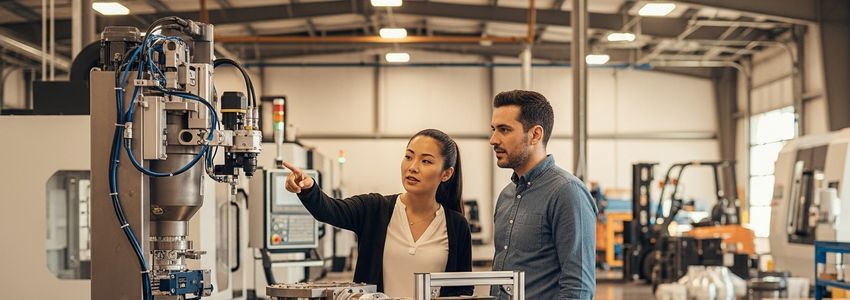 Two startup entrepreneurs examining industrial equipment in a warehouse setting, evaluating machinery for their growing business