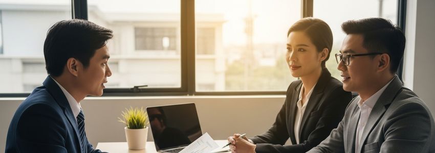 Business advisor discussing startup funding options with entrepreneurs at a conference table