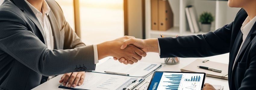 Business advisor and startup founder reviewing equipment leasing agreement documents