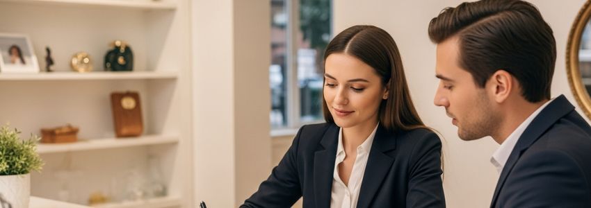 Small business owner reviewing startup loan requirements with a financial advisor
