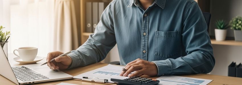 Startup founder reviewing budget and financial documents at a business desk