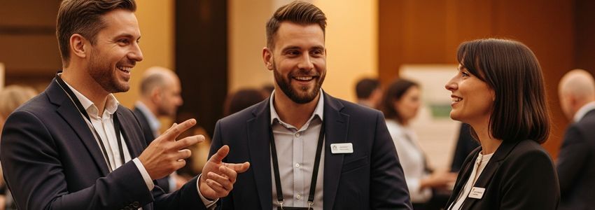 Entrepreneur confidently pitching startup idea to investors at a networking event