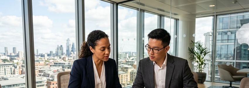 Two business professionals reviewing compliance and financing documents in a modern corporate office