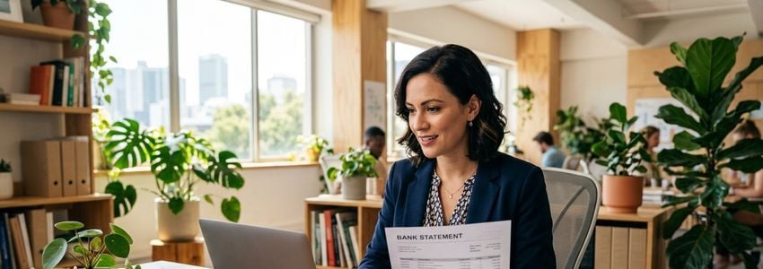 Self-employed business owner reviewing bank statements for a stated income business loan application