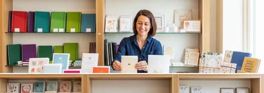 Stationery store owner organizing greeting cards and paper goods in a boutique stationery shop