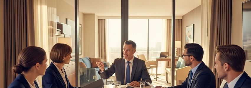Hotel manager presenting franchise investment plans at a Staybridge Suites conference room