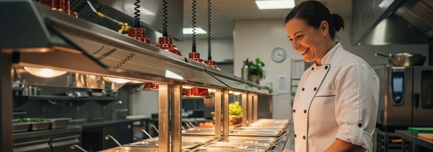 Catering professional reviewing steam table financing options in a commercial kitchen