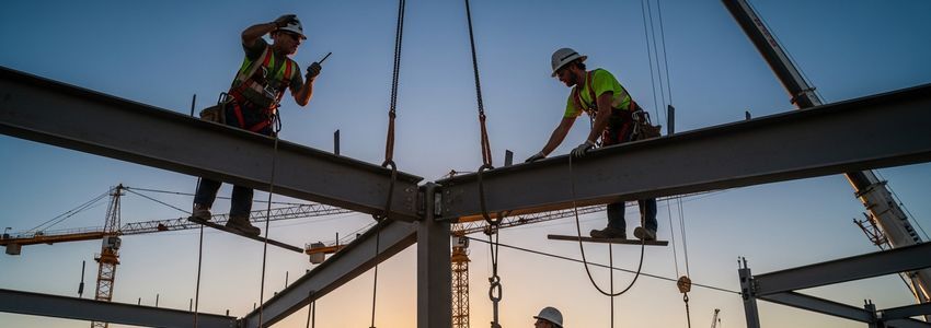 Ironworkers using rigging and crane equipment to connect structural steel beams on a commercial construction project