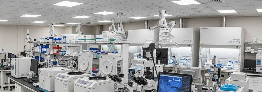 Modern stem cell laboratory with scientific equipment and cell culture workstations used in regenerative medicine clinics