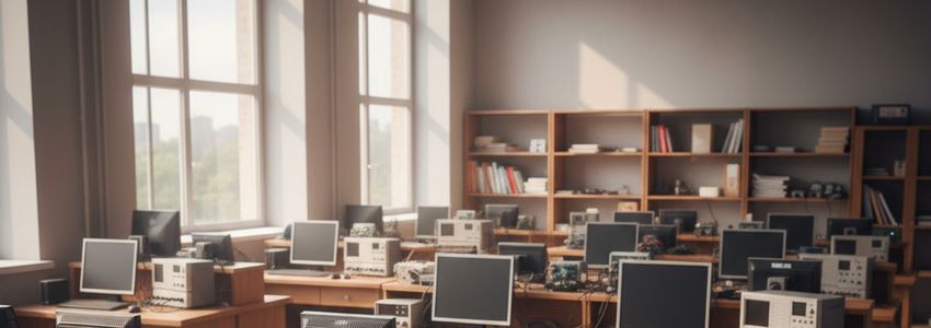 Modern STEM education computer lab with equipment and technology at student workstations