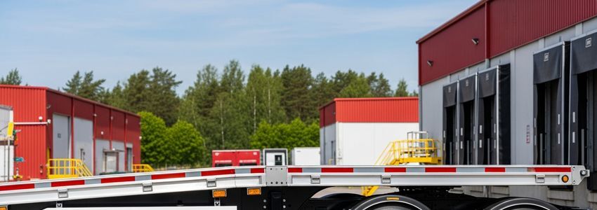 Commercial step deck trailer at a freight terminal logistics facility
