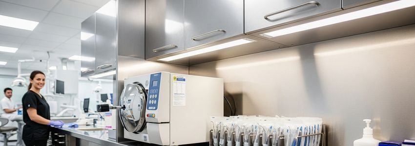 Healthcare technician using sterilization autoclave equipment in medical clinic