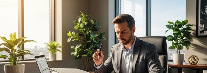 Small business owner reviewing loan documents in Sterling Heights Michigan office