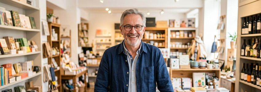 St. George Utah business owner standing behind shop counter, smiling in a retail store setting