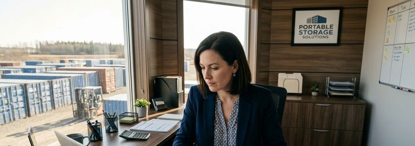 Business owner reviewing storage container company financing options at office desk