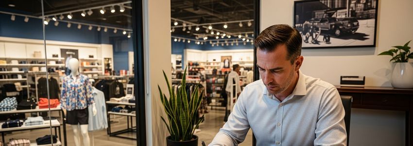 Retail store owner reviewing a store fixture lease agreement in a modern back office